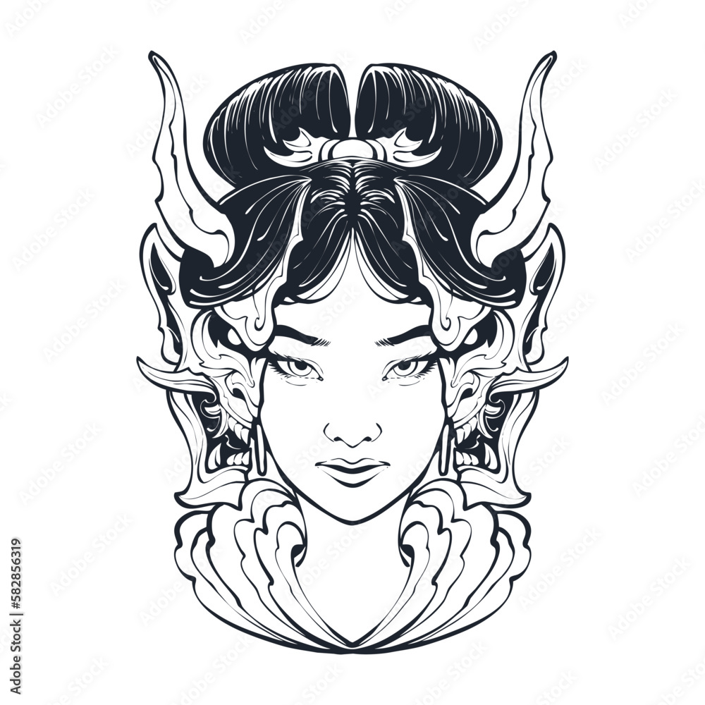 girl head with oni mask line art illustration