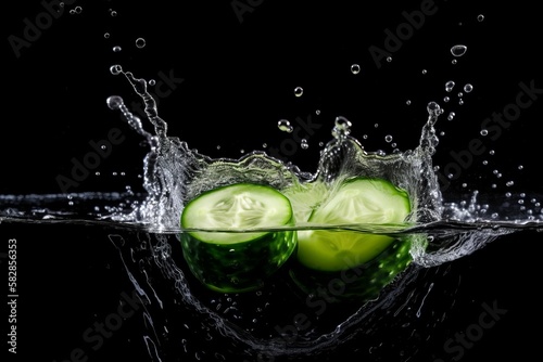 Cucumber on black background. Fruit with water drops. Generate Ai