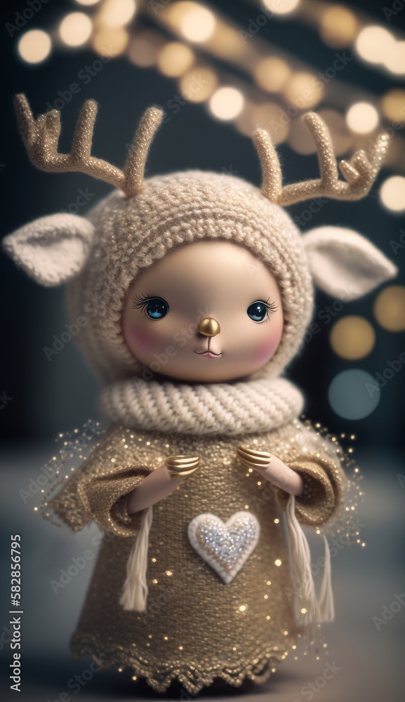 New Year dressed up toy doll girl deer for children, decorative knitted toy. For fairy tales. Created with artificial intelligence.