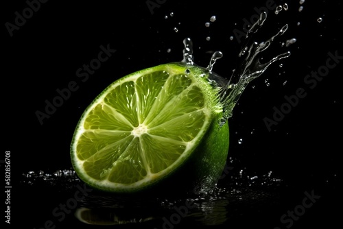 Lime on black background. Fruit with water drops. Generate Ai