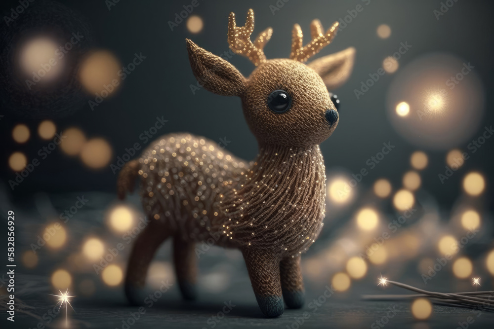 New Year dressed up toy deer for children, decorative knitted toy. Created with artificial intelligence.