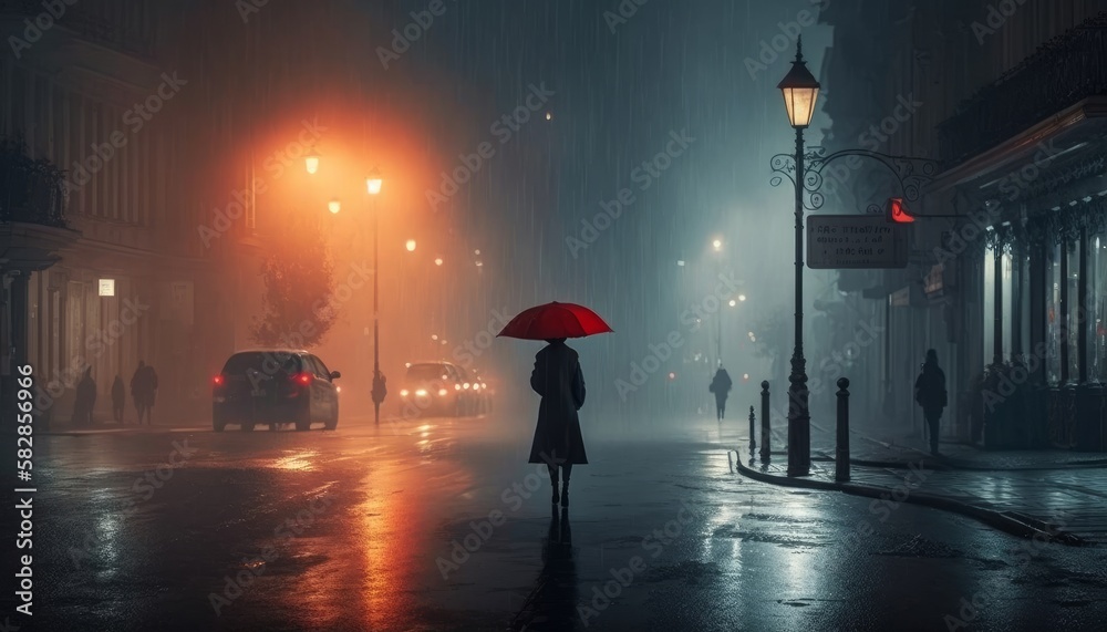 A single person holding a red umbrella walks alone in the rain in the dark city night. Generative AI.  - obrazy, fototapety, plakaty 