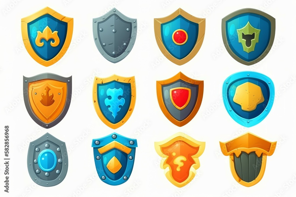 Game shield icon set collection in cartoon style isolated on white background. Generate Ai