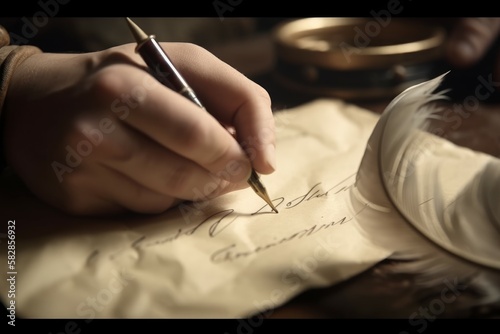 Poet writes concept. Vintage parchment on wooden table. Generate Ai