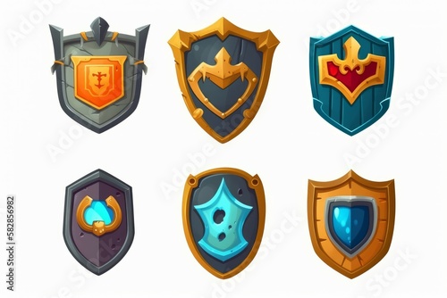 Game new shield icon set in cartoon style isolated on white background. Generate Ai