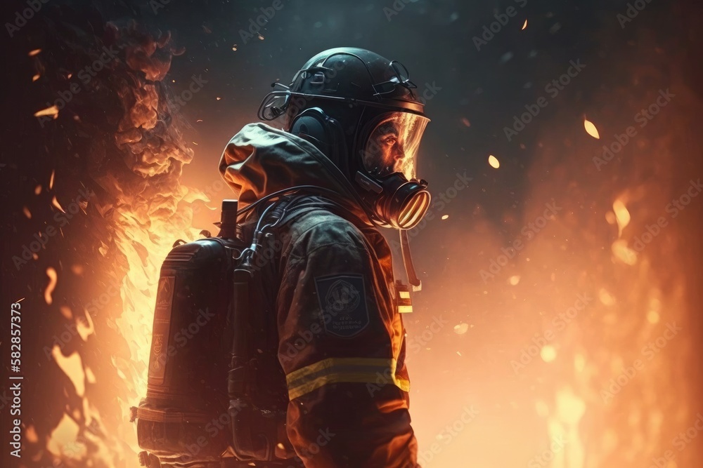 Firefighter searching for possible survives. Generative AI

