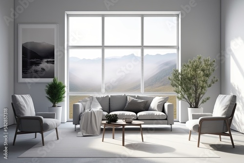 Interior of a living room with a blank white poster on the wall, four cozy grey armchairs, a large window overlooking the countryside, and a coffee table. minimalist design principle. a mockup