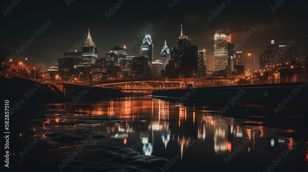 Fototapeta premium skyline of city, in the night, generative ai