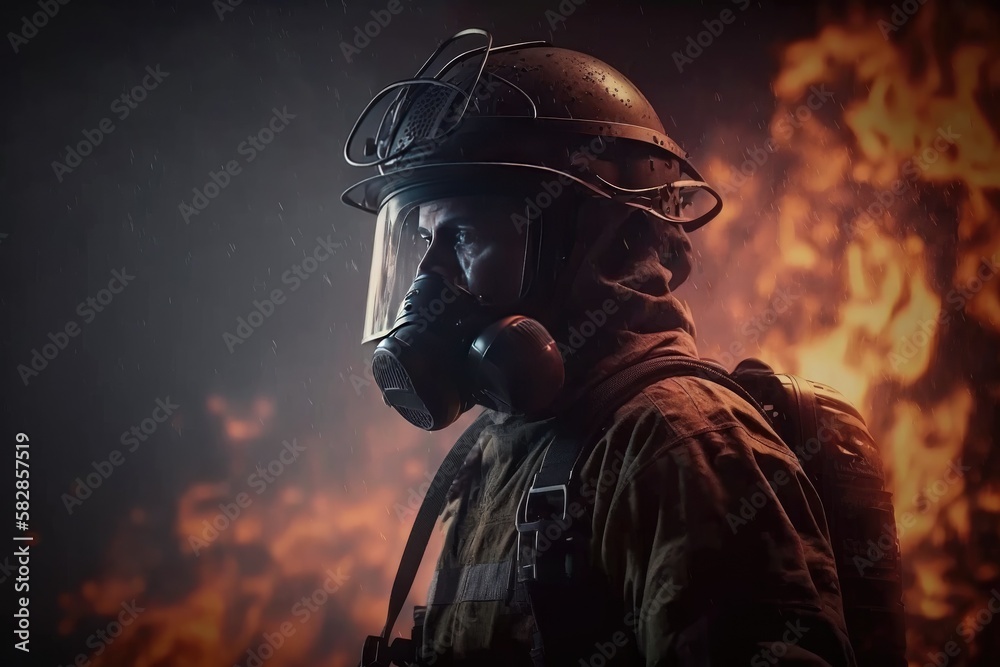 Firefighter searching for possible survives. Generative AI