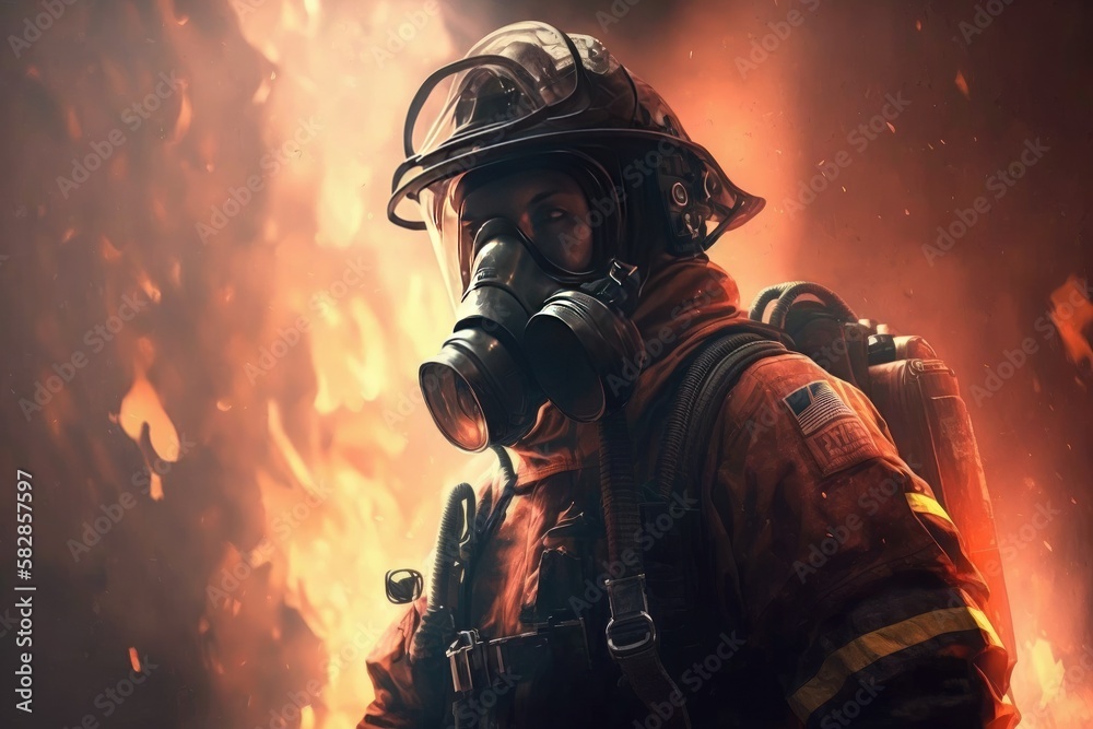 Firefighter searching for possible survives. Generative AI

