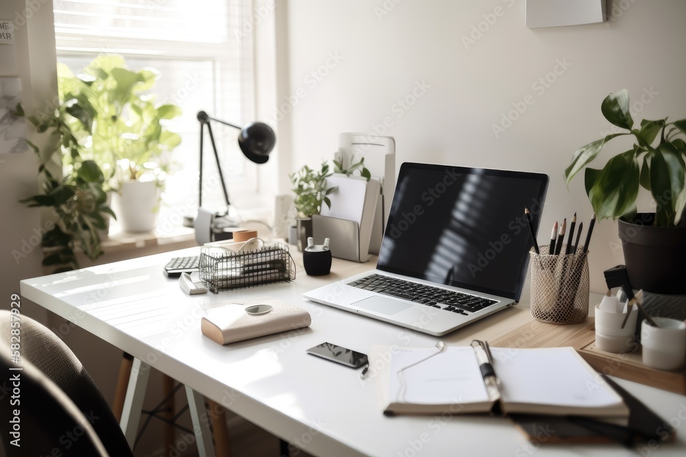 A close up of a workspace in a home office with a laptop, books, stationery, decorations, and copy space. Generative AI A close up of a workspace in a home office with a laptop, books, stationery, decorations, and copy space. Generative AI