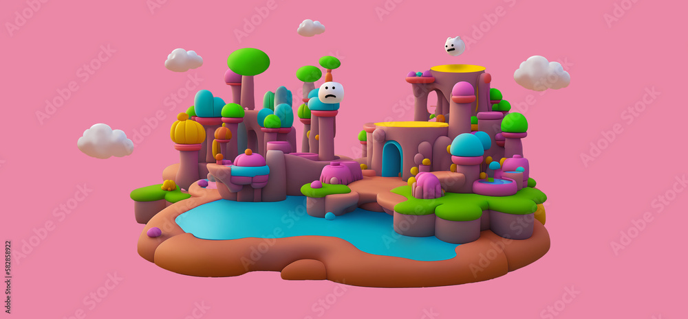 Obraz premium cartoon fairy tale village, colorful surrealist 3d fantasy island, banner design, isolated on pink background. Air balloons in the sky. Generative AI