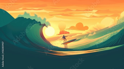 loney surfer illustration, Tropical island wave and surfer, generative ai photo