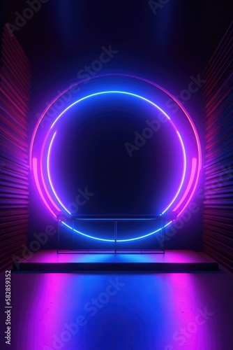 Wallpaper Mural Neon lamp stage background. Glowing futuristic product display stand podium Against Background, neon geometric shape for product display presentation. Torontodigital.ca