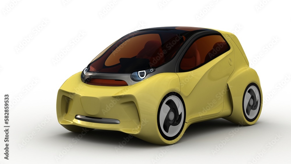 EV micro city car concept design, generic car,  non branded 3D car illustration, futuristic style vehicle, future transport