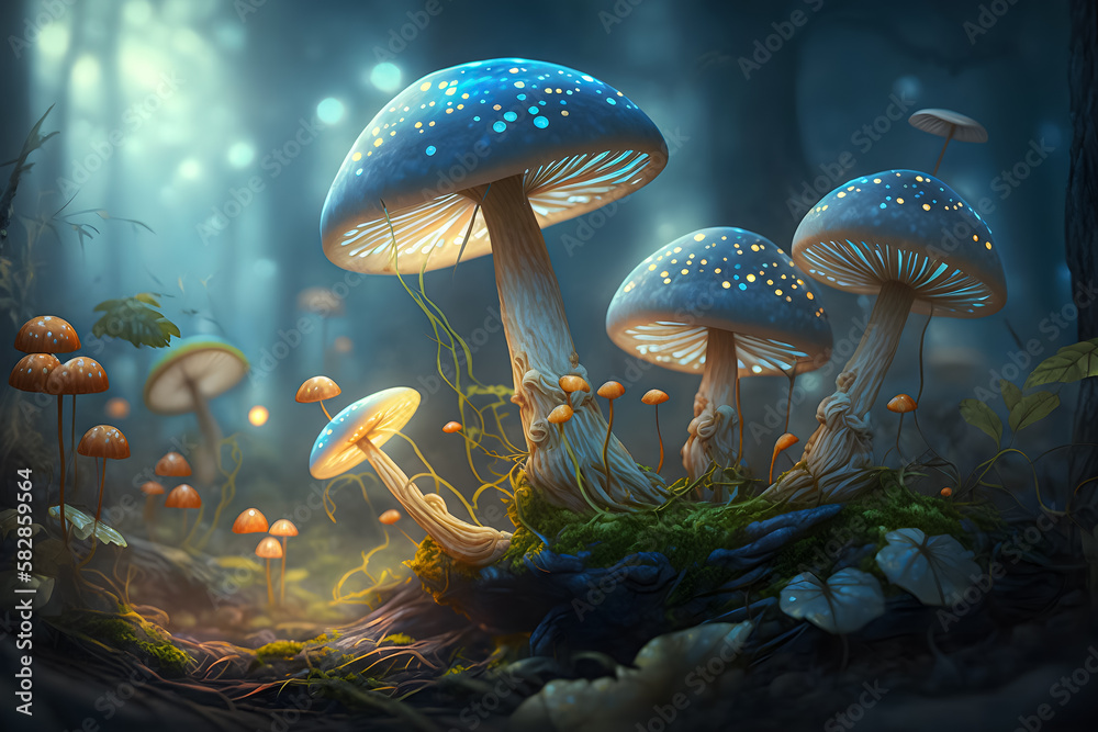 Magical blue mushrooms in a forest. Illustration. AI generation.