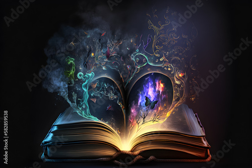 Magic book and magic light on a dark background. Illustration. AI generation.