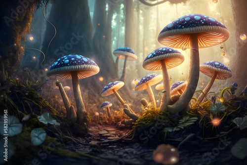 Magical blue mushrooms in a forest. AI generation.