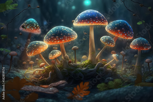 Magical mushrooms in a magical forest. Illustration. AI generation.