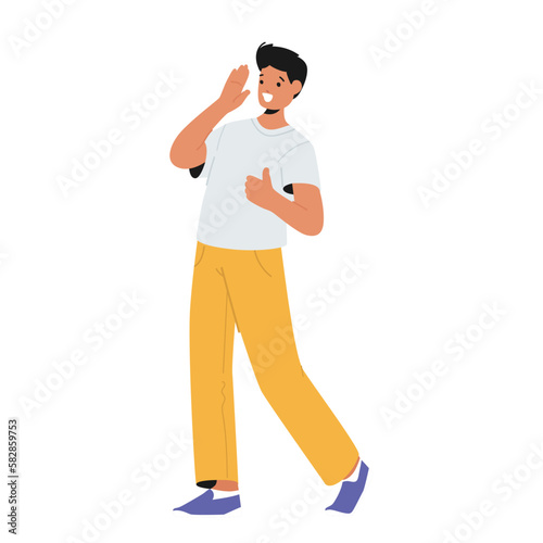 Young Man in Casual Clothes Gesturing with Hands, Greeting or Welcome Somebody. Happy Male Character