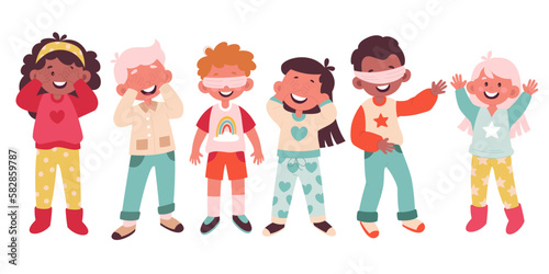 Children play hide and seek flat illustrations. Funny kids playing games. Close eyes and counting. Players hide