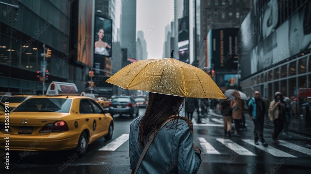 woman walking in new york, manhattan, raining day, generative ai