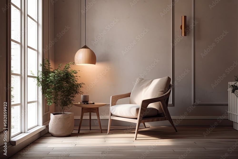 Fototapeta premium Interior design of a contemporary room with a chair, pillows, table, lamp, and plant in a white pot. Generative AI