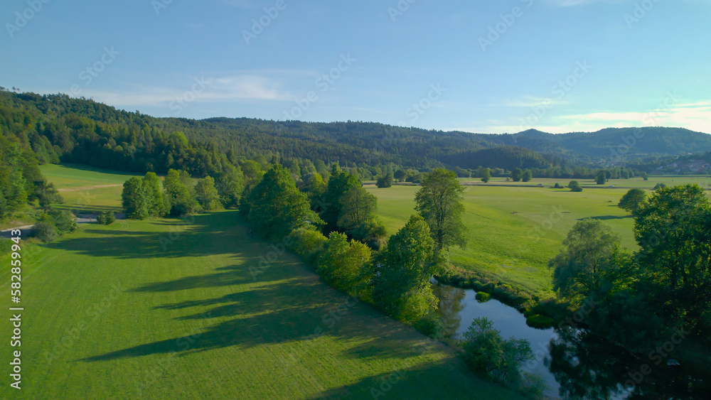 AERIAL: Beautiful meadows, dense forest and a winding river in karst landscape