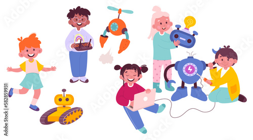 Kids creating robot elements. Boys and girls create android. Wireless control panel.Artificial intelligent
