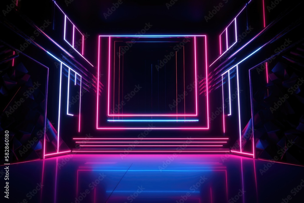 Neon lamp stage background. Glowing futuristic product display stand podium Against Background, neon geometric shape for product display presentation.