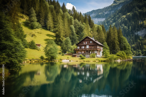 swiss landscape with house, lake, mountains and pine trees, AI generative © Sergiy Bykhunenko