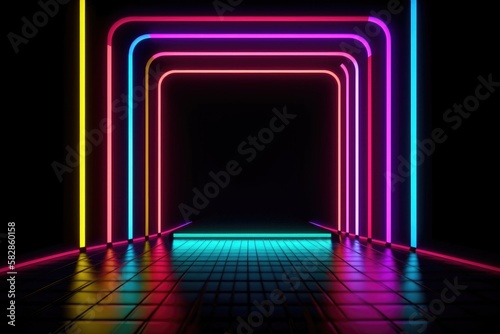 Neon lamp stage background. Glowing futuristic product display stand podium Against Background  neon geometric shape for product display presentation.