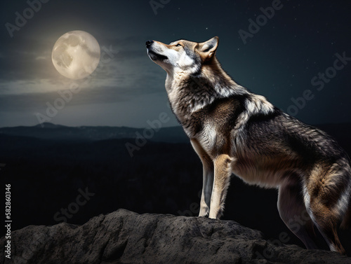 wild wolf howling in the moonlight, captivating and powerful nature scene, generative AI