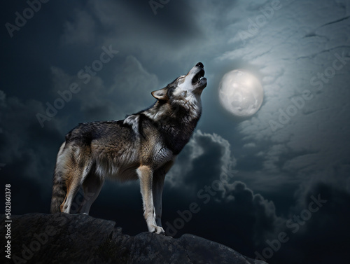 wolf howling at the moon, wilderness night scene, majestic predator in natural habitat, generative AI