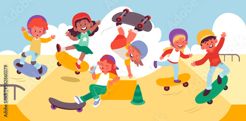 Children on skate flat illustrations set. Funny kids doing tricks on skateboard. Girls and boys riding on skate