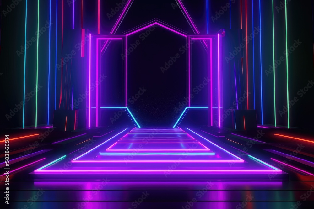 Fototapeta premium Neon lamp stage background. Glowing futuristic product display stand podium Against Background, neon geometric shape for product display presentation.