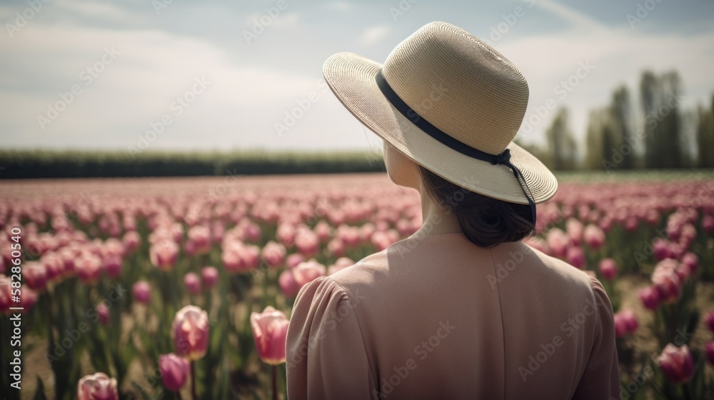 A woman walking in a tulip field, representing travel and happiness, generative ai A woman walking in a tulip field, representing travel and happiness, generative ai