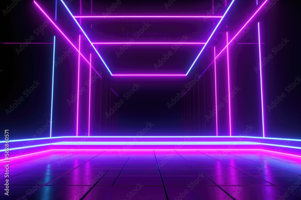 Fototapeta premium Neon lamp stage background. Glowing futuristic product display stand podium Against Background, neon geometric shape for product display presentation.
