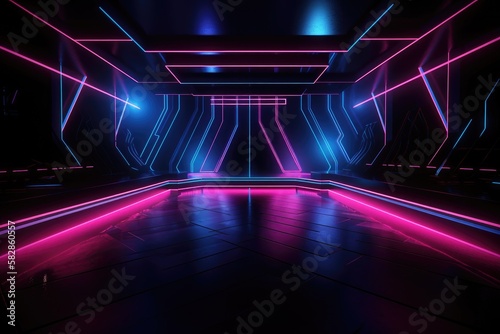Neon lamp stage background. Glowing futuristic product display stand podium Against Background, neon geometric shape for product display presentation.