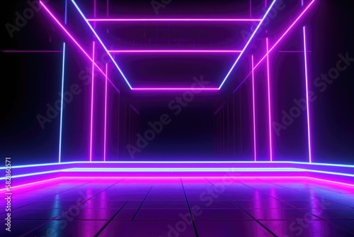 Neon lamp stage background. Glowing futuristic product display stand podium Against Background, neon geometric shape for product display presentation.