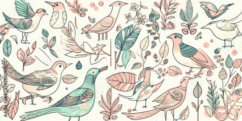 various doodle birds,trendy, pastel colors, wallpaper, generative ai