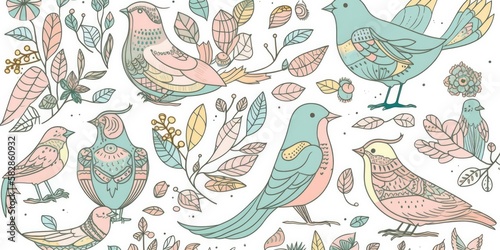 various doodle birds,trendy, pastel colors, wallpaper, generative ai