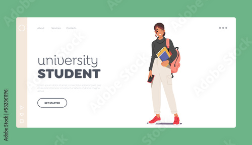 University Student Landing Page Template. Girl Character With Books Portrays An Enthusiastic Learner Vector Illustration