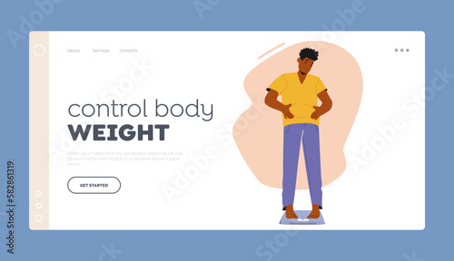 Control Body Weight Landing Page Template. Male Character Stand On Scales Unhappy With Weight Gain And Big Belly
