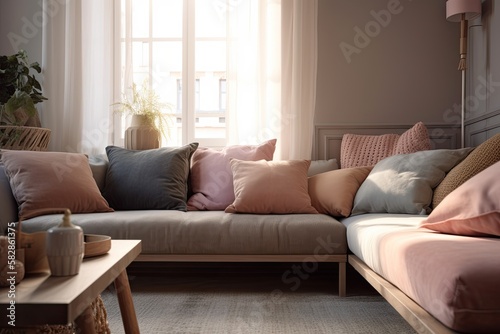 A sofa with a variety of colored cushions next to a wooden side table with decorative foliage plants in a vase and books is an example of a modern, comfortable living room. interior decorating Brown