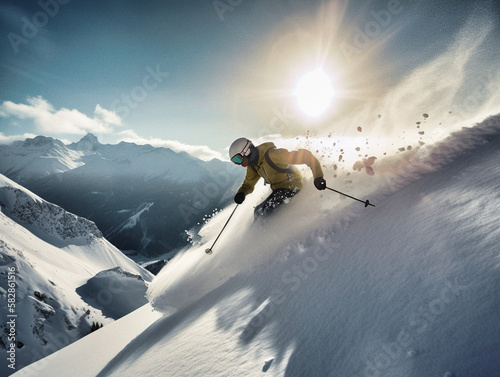An off-piste skier descending a steep slope in front of a beautiful mountain landscape in winter, free ride, backcountry skiing - generative AI photo
