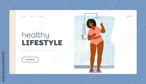 Healthy Lifestyle Landing Page Template. Happy Plump Woman Standing On Scales Showing Thumb Up Vector Illustration