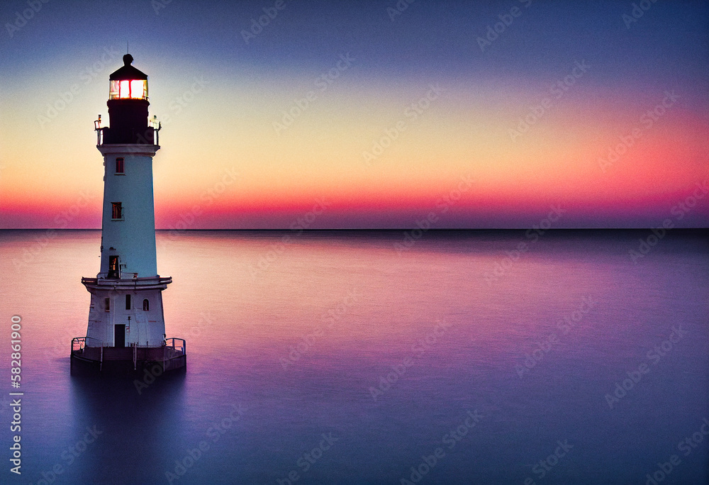 A lighthouse on the ocean by a beautiful sunset, long exposure photography - generative ai