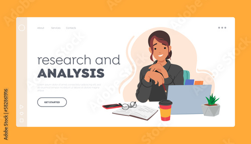 Research and Analysis Landing Page Template. Student Girl Character Seated At Desk, Surrounded By Book, Laptop, Coffee