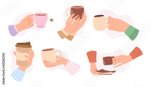 Set of Hands Grasp Warm Mugs Filled With Steamy Beverages, Concept of Comfort And Coziness For Marketing Products
